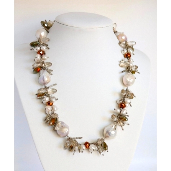 LUXURIOUS White Baroque Pearl Swarovski Crystal long short necklace - Picture 2 of 7